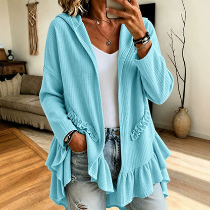 Ruffle Hooded Cardigan – Oversized Knit Open-Front Hoodie