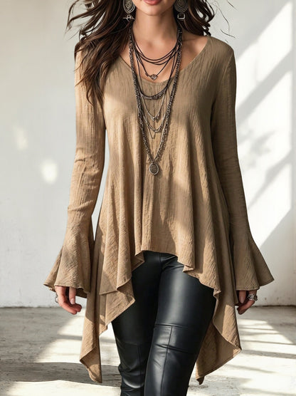 V-Neck Flare Long Sleeve Irregular Hem Tunic Top