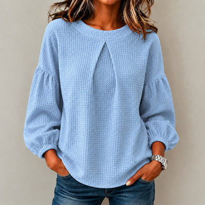 Waffle Textured Pleated Neck Balloon Long Sleeve Blouse