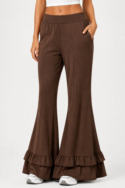 High Waist Front Seam Double Ruffle Hem Flare Knit Pants