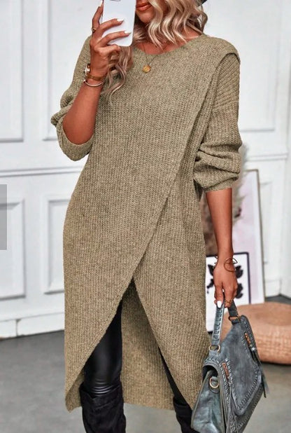 Round Neck Long Sleeve Wrap Asymmetrical Hem Knit Midi Cardigan