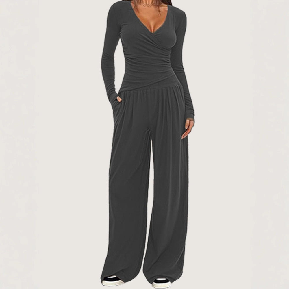 Women Solid Wrap V Neck Ruched Long Sleeve Top Elastic High Waist Pocket Wide Leg Casual Loungewear Co-ord Set