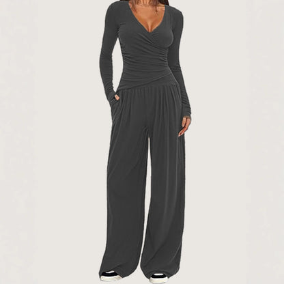 Women Solid Wrap V Neck Ruched Long Sleeve Top Elastic High Waist Pocket Wide Leg Casual Loungewear Co-ord Set