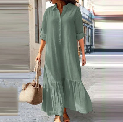 Linen Ruffle Hem Maxi Shirt Dress