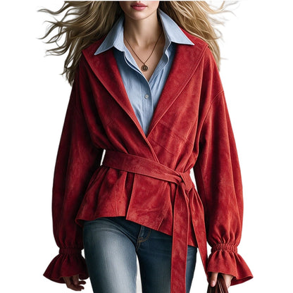 Women Red Wrap Belted Suede Jacket Lapel Flare Long Sleeve Casual Outerwear