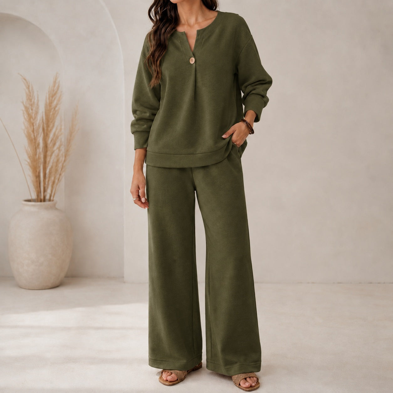 Fashion Loose Long-Sleeved Tops Wide-Leg Pants Casual Two-Piece Set For Women