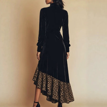 Black Velvet High‑Neck Long‑Sleeve Leopard‑Print Ruffle High‑Low Maxi Dress