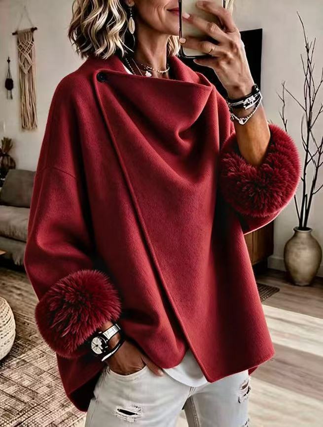 Wrap Cape Coat with Faux Fur Cuffs