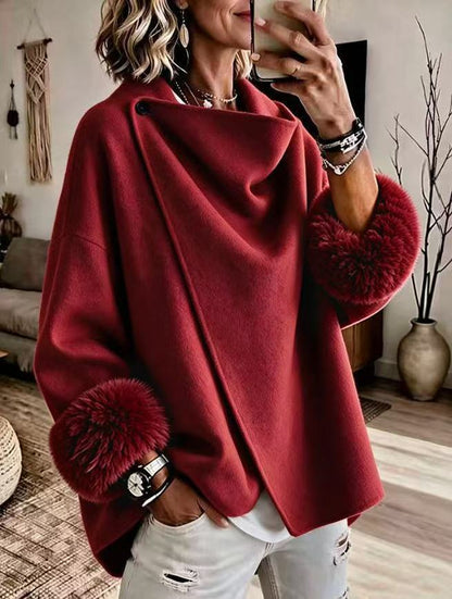 Wrap Cape Coat with Faux Fur Cuffs