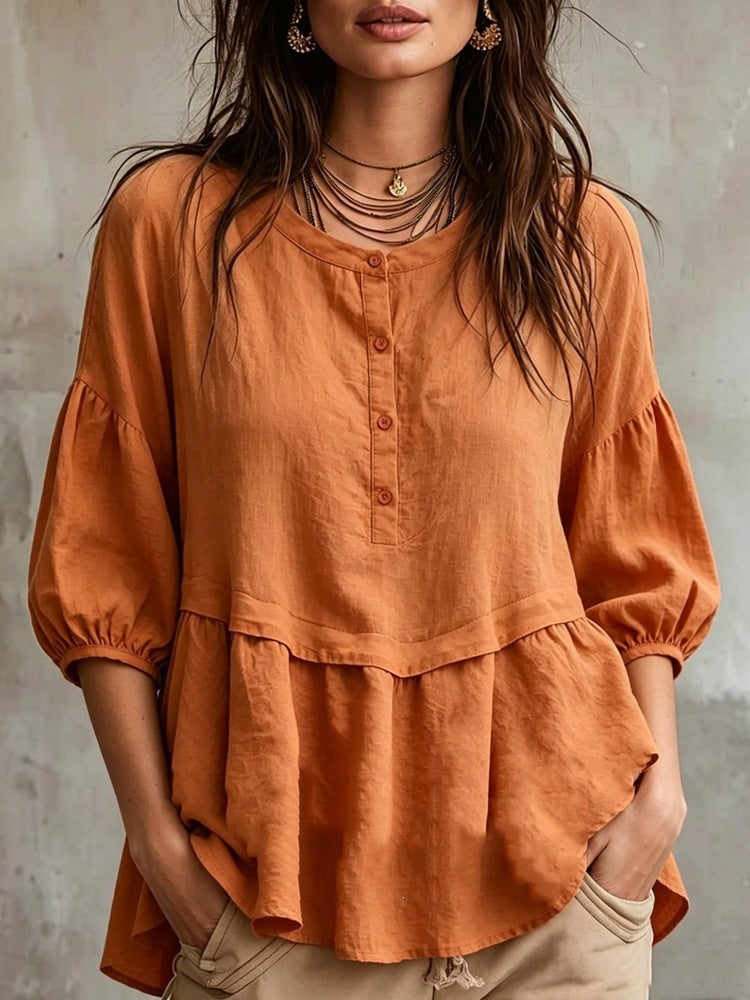 Peplum Balloon Sleeve Blouse – Soft Linen-Blend Casual Top