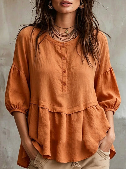 Peplum Balloon Sleeve Blouse – Soft Linen-Blend Casual Top
