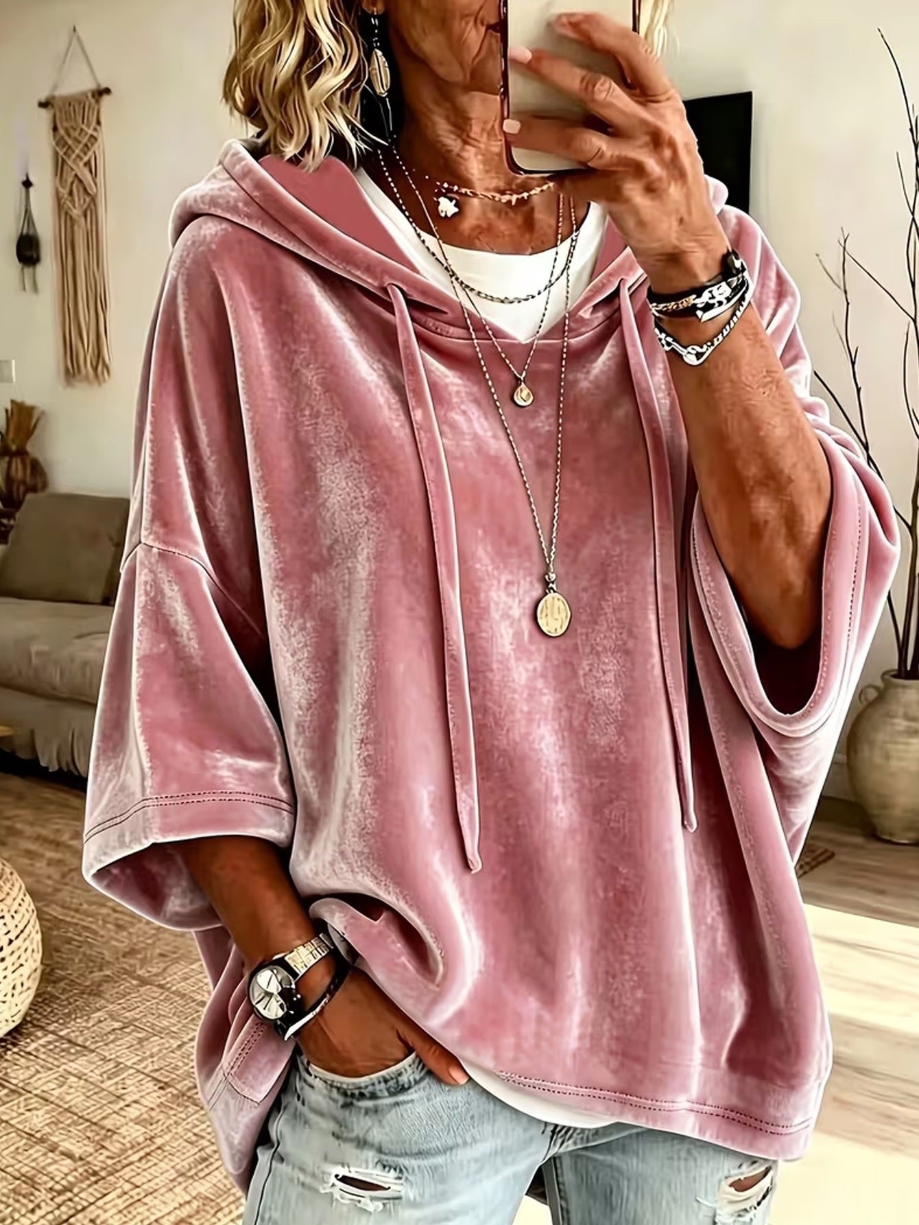 Velvet Drawstring Hooded Three-Quarter Sleeve Top