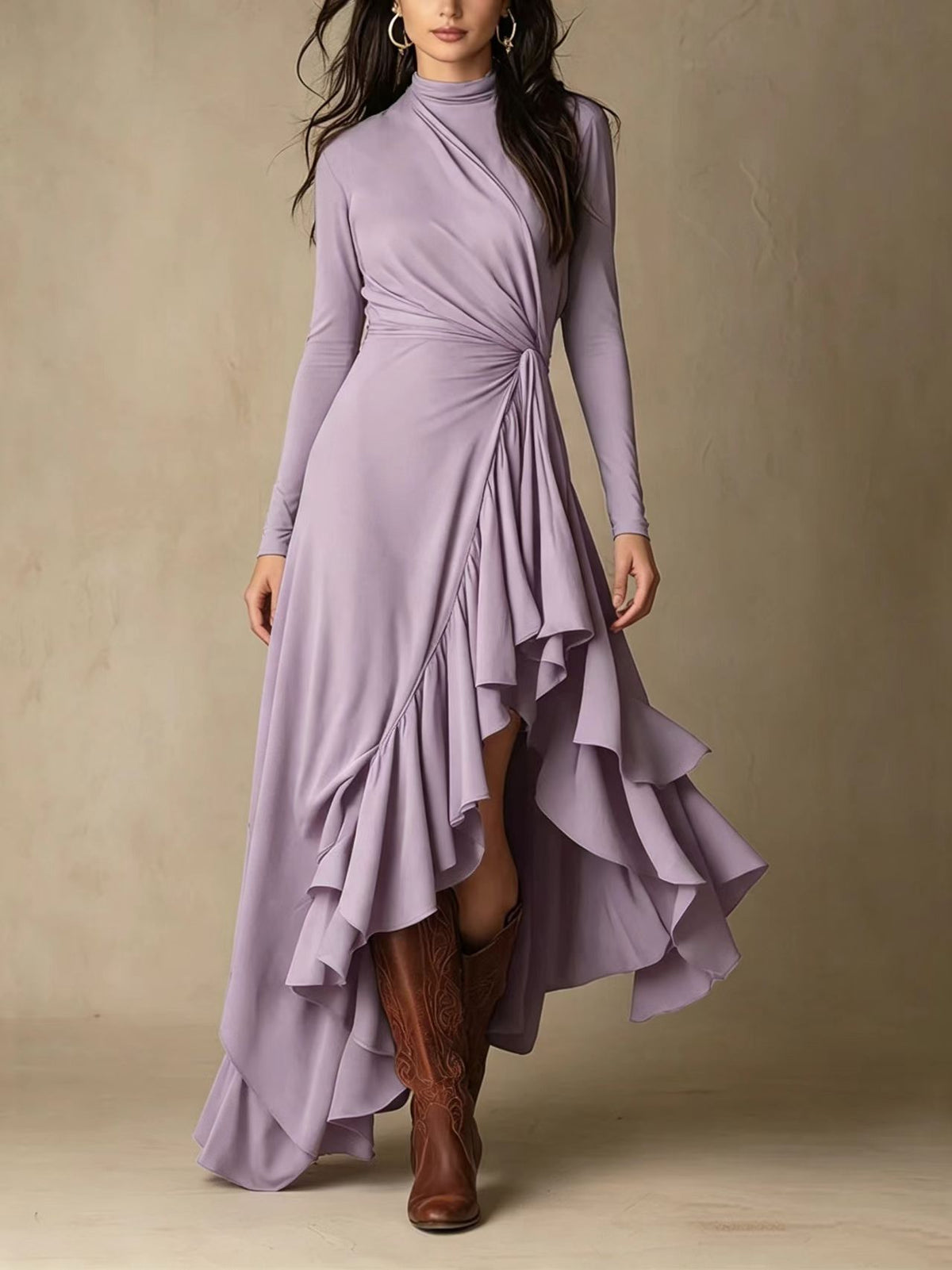 Mock Neck Wrap Dress with Asymmetric Ruffle Hem