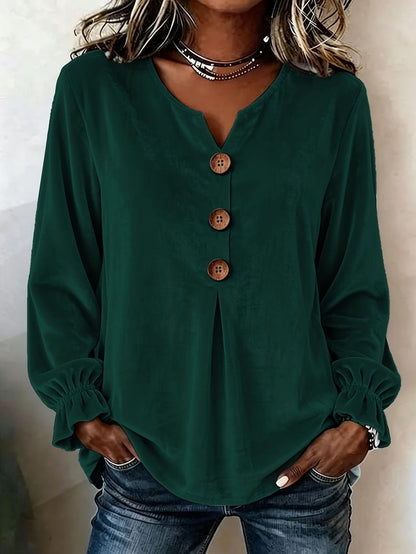 Notch V Neck Wooden Button Pleated Front Puff Cuff Long Sleeve Blouse