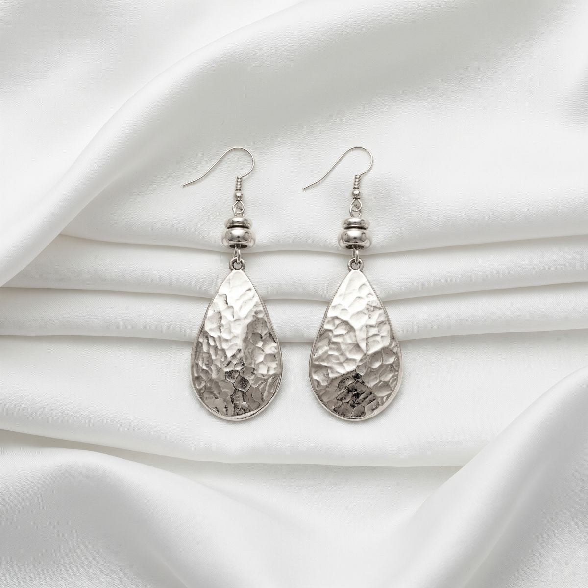 Hammered Teardrop Silver Dangle Earrings Vintage Textured Water Drop Statement Drop Earrings - EH5794