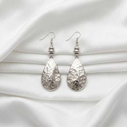 Hammered Teardrop Silver Dangle Earrings Vintage Textured Water Drop Statement Drop Earrings - EH5794