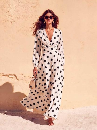 Polka Dot Wrap V-Neck Long Sleeve Maxi Dress