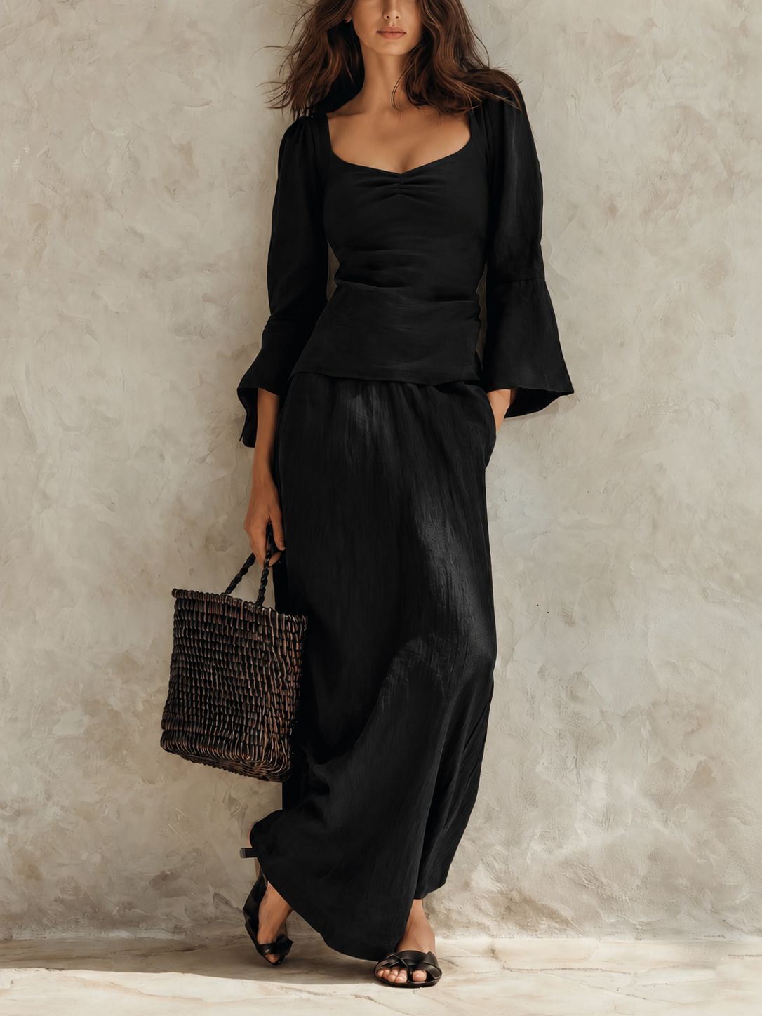 Square Neck Flare Sleeve Top & Maxi Skirt Matching Set