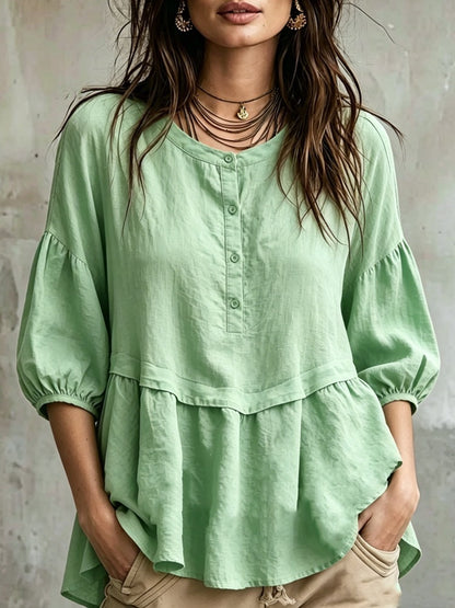 Peplum Balloon Sleeve Blouse – Soft Linen-Blend Casual Top