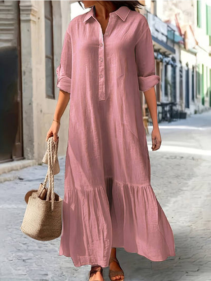 Linen Ruffle Hem Maxi Shirt Dress
