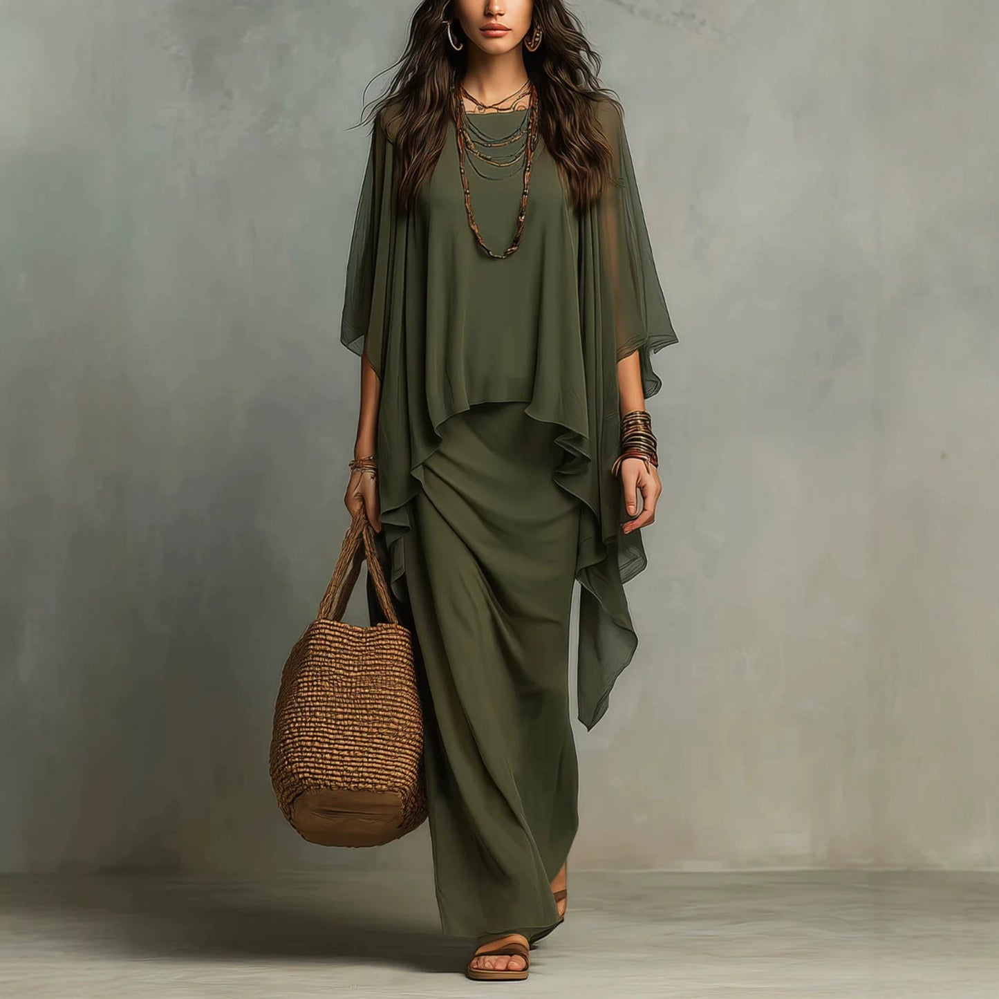 Flowy Linen Blend Poncho Top & Skirt Set