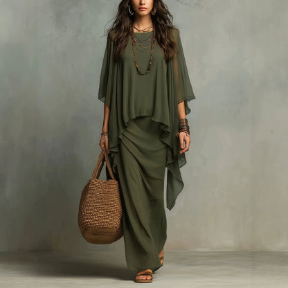 Flowy Linen Blend Poncho Top & Skirt Set