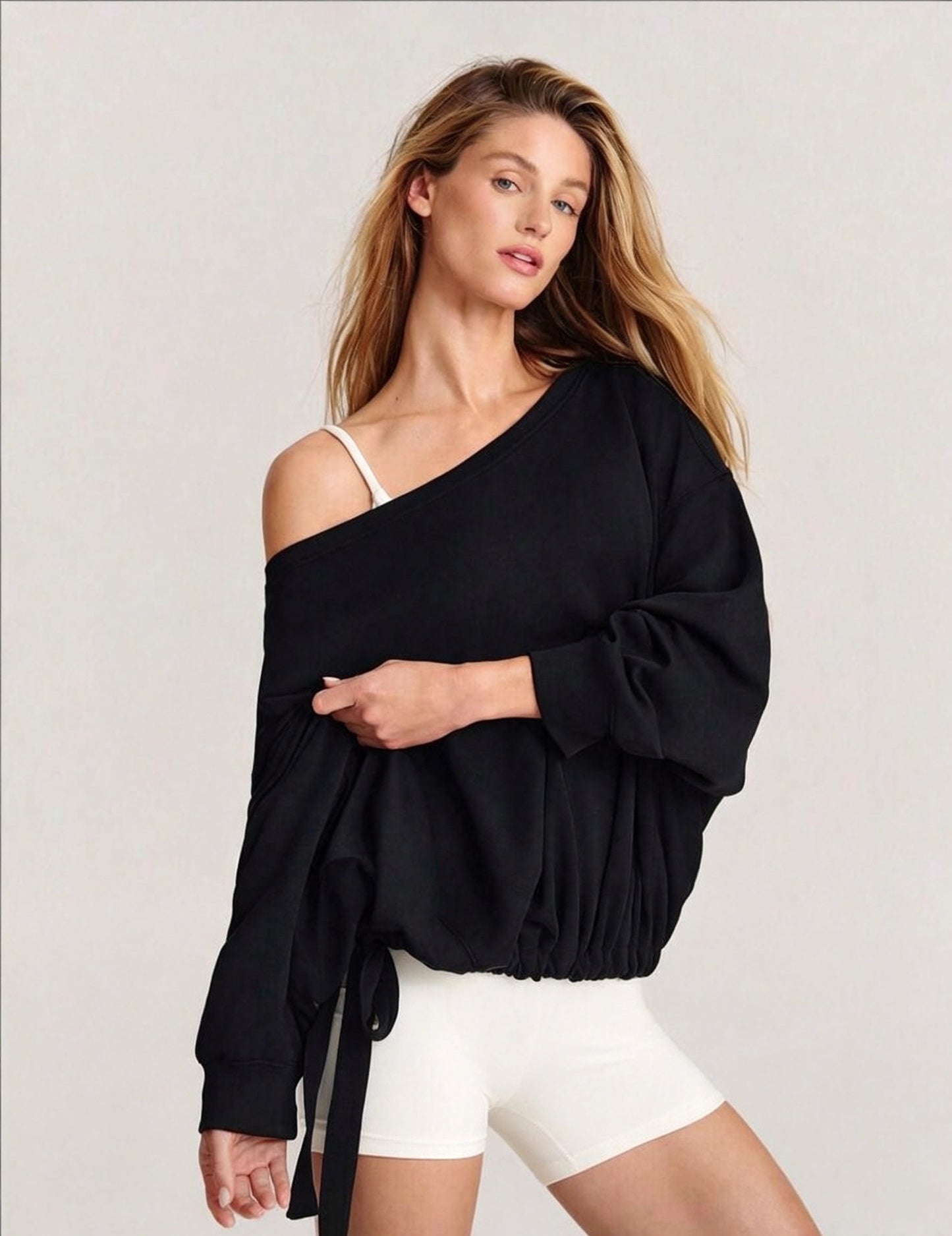 Off Shoulder Drawstring Hem Oversized Sweatshirt