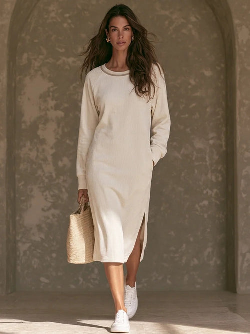 Cream Ribbed Knit Crew‑Neck Raglan Sleeve Side‑Slit Midi Sweatshirt Dress