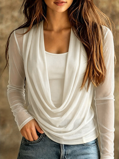 Women's Draped Cowl Neck Long Sleeve Mesh Blouse