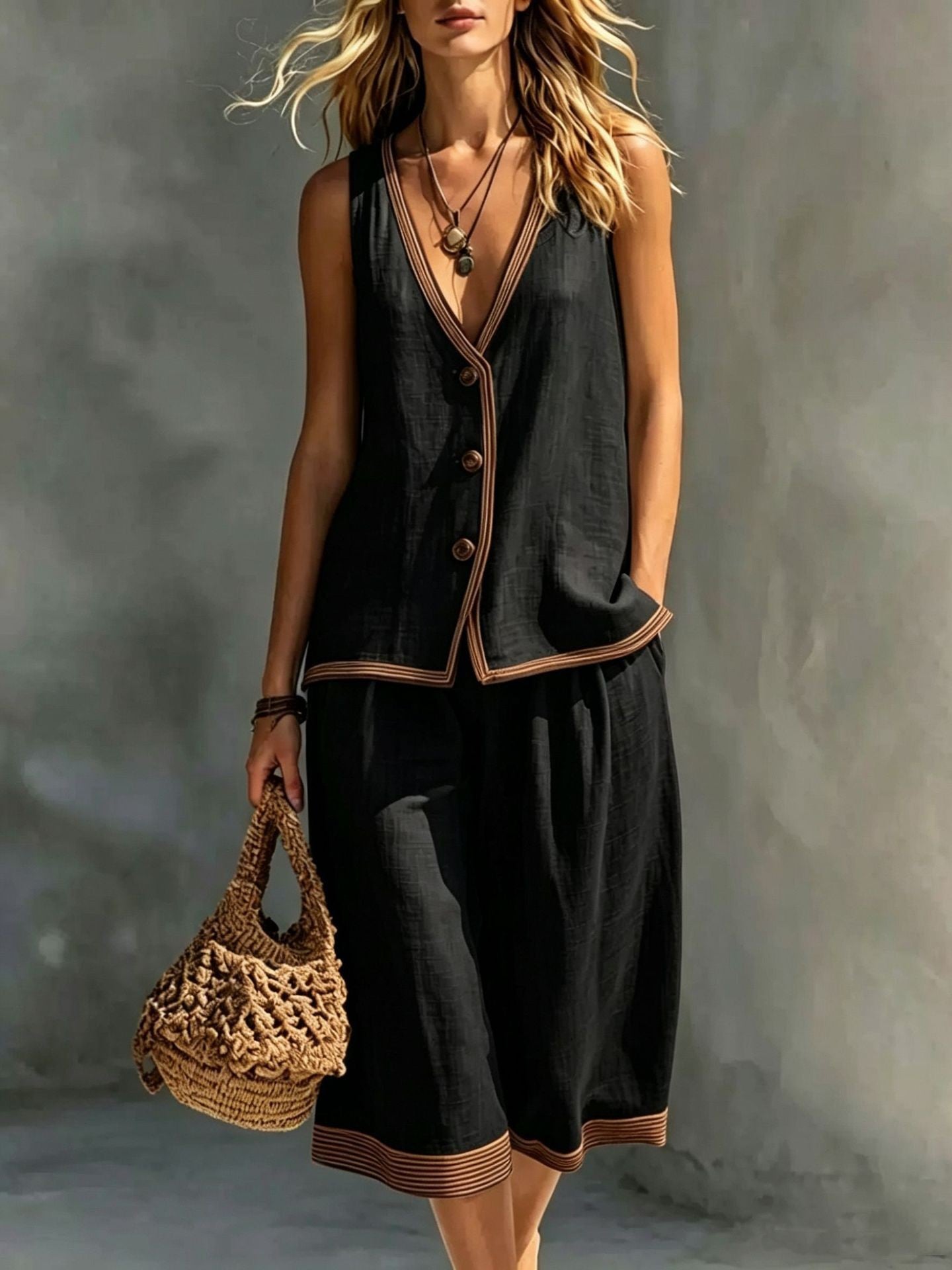 Linen Contrast‑Trim Vest & Culottes Two‑Piece Set
