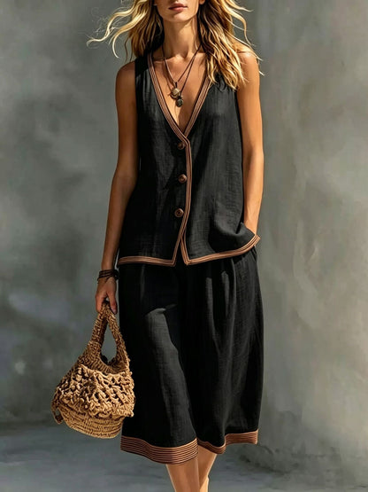 Linen Contrast‑Trim Vest & Culottes Two‑Piece Set
