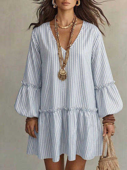 Striped V-Neck Ruffle Hem Mini Dress