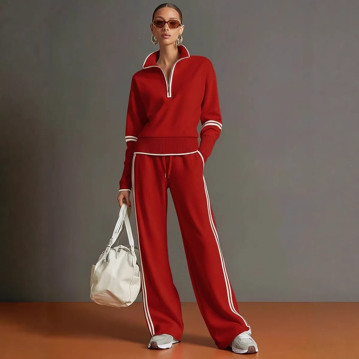 Casual Sports Suit Contrasting Color Stand-Up Collar Sweatshirt Wide-Leg Pants Suit