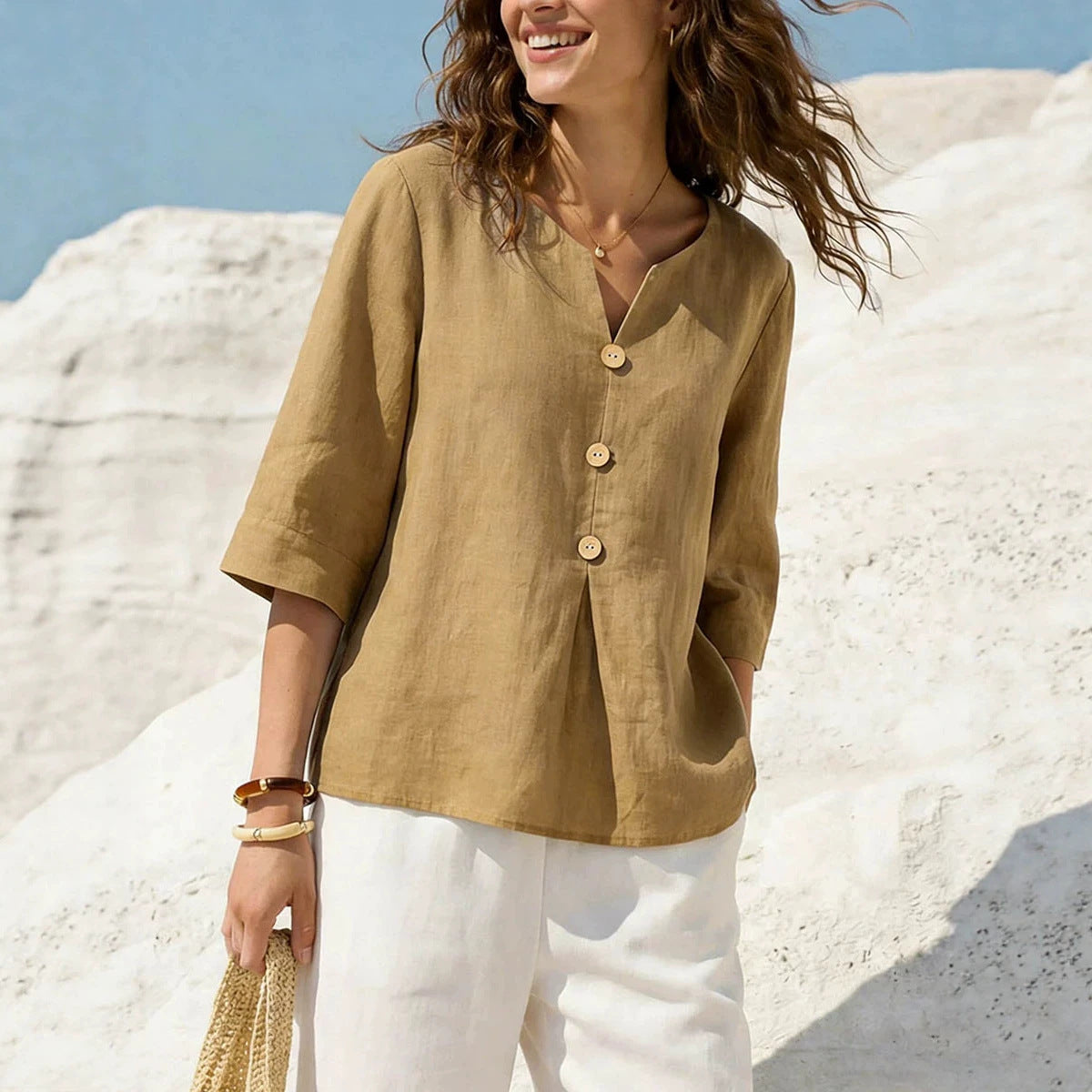Linen-Blend Button-Front Top – Soft Textured 3/4 Sleeve Blouse