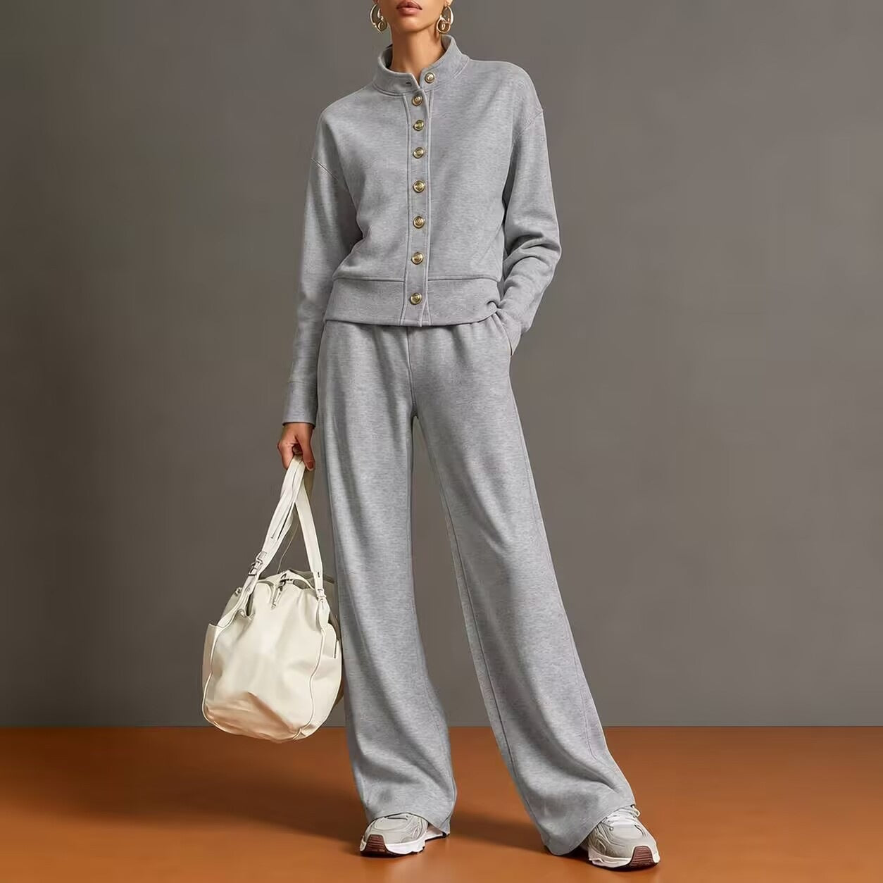 New Solid Color Stand-Up Collar Cardigan Sweatshirt Wide-Leg Pants Suit Independent Station Popular Women
