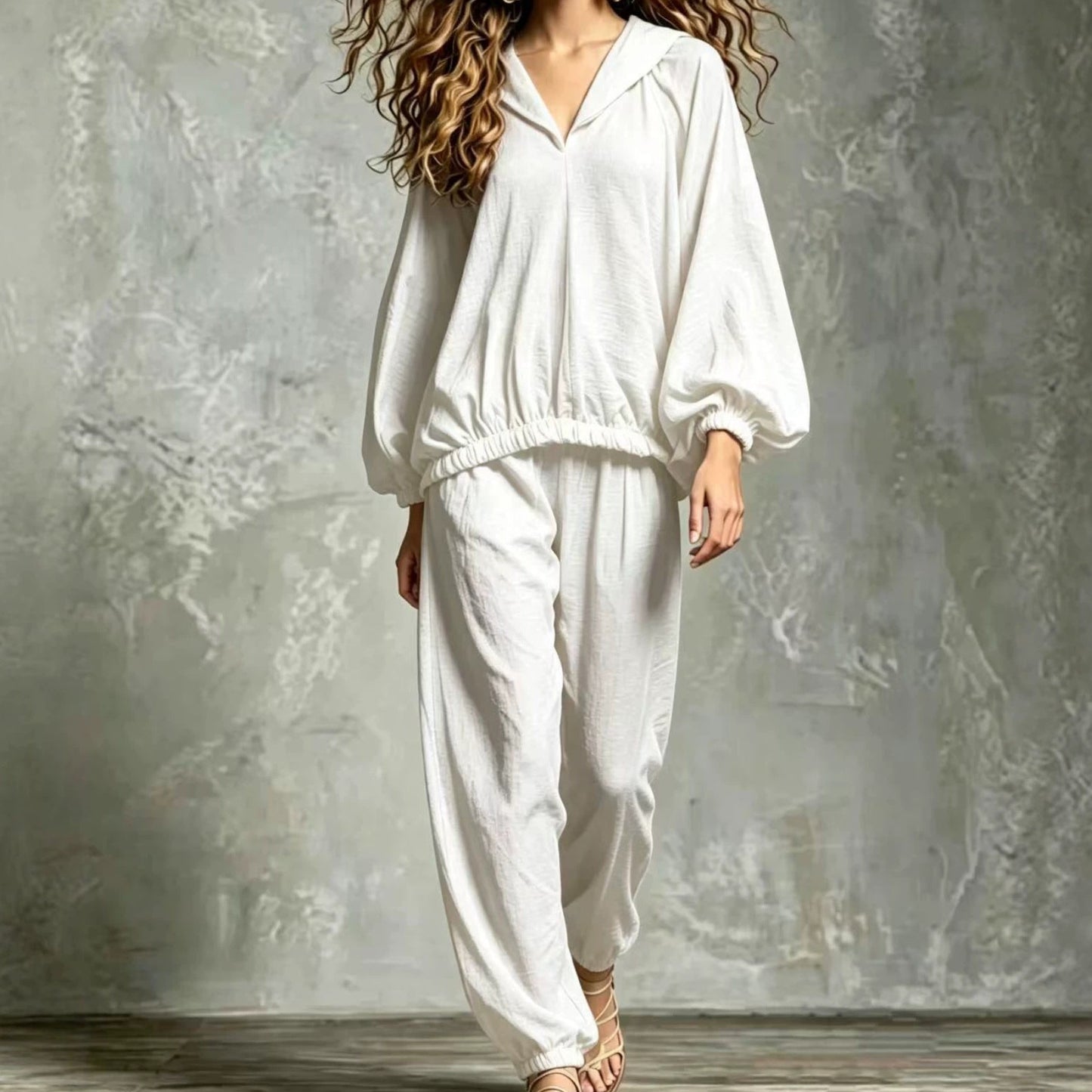 Hood V Neck Linen Blend Matching Two Piece Set