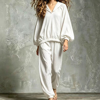Hood V Neck Linen Blend Matching Two Piece Set