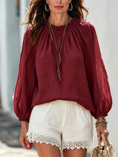 Drawstring Neck Lantern Sleeve Casual Blouse