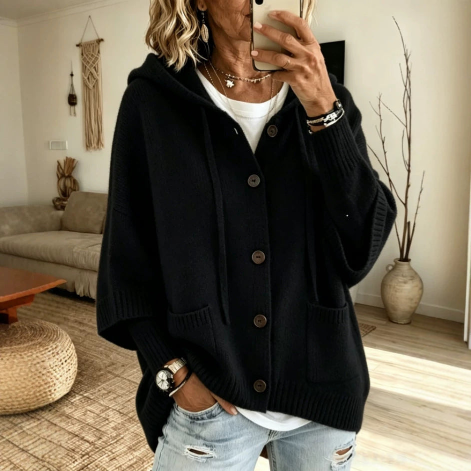 Drawstring Hooded 3/4 Sleeve Wooden Button Knit Cardigan