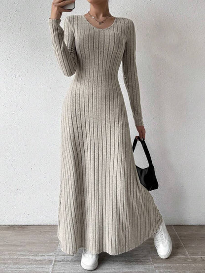 V-Neck Vertical Ribbed Knit Long Sleeve A-Line Maxi Dress