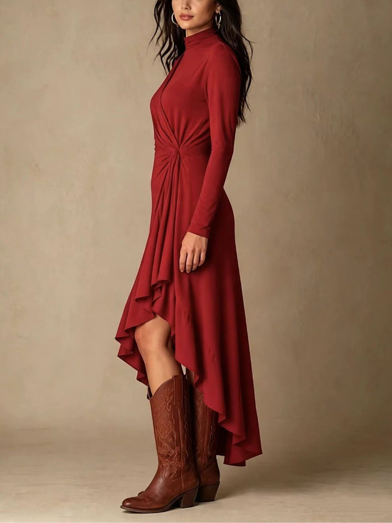 Mock Neck Wrap Dress with Asymmetric Ruffle Hem