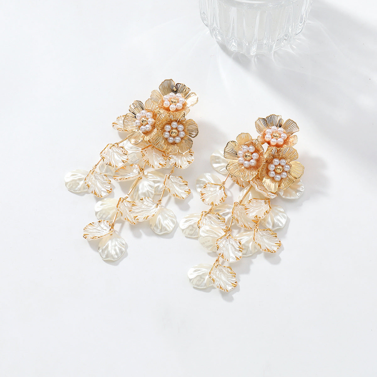 3D Floral Pearl Tassel Drop Earrings Vintage Gold Plated White Petal Wedding Statement Dangle Earrings - Gold