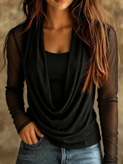 Women's Draped Cowl Neck Long Sleeve Mesh Blouse