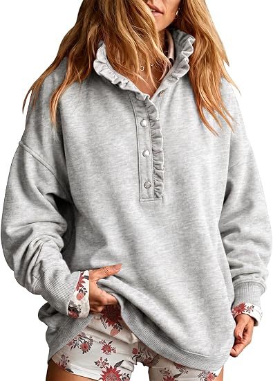 Ruffle Collar Half-Button Oversized Sweatshirt