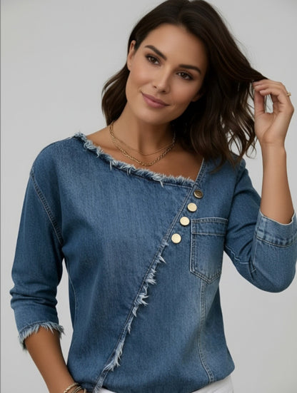 Asymmetric Frayed Denim Top