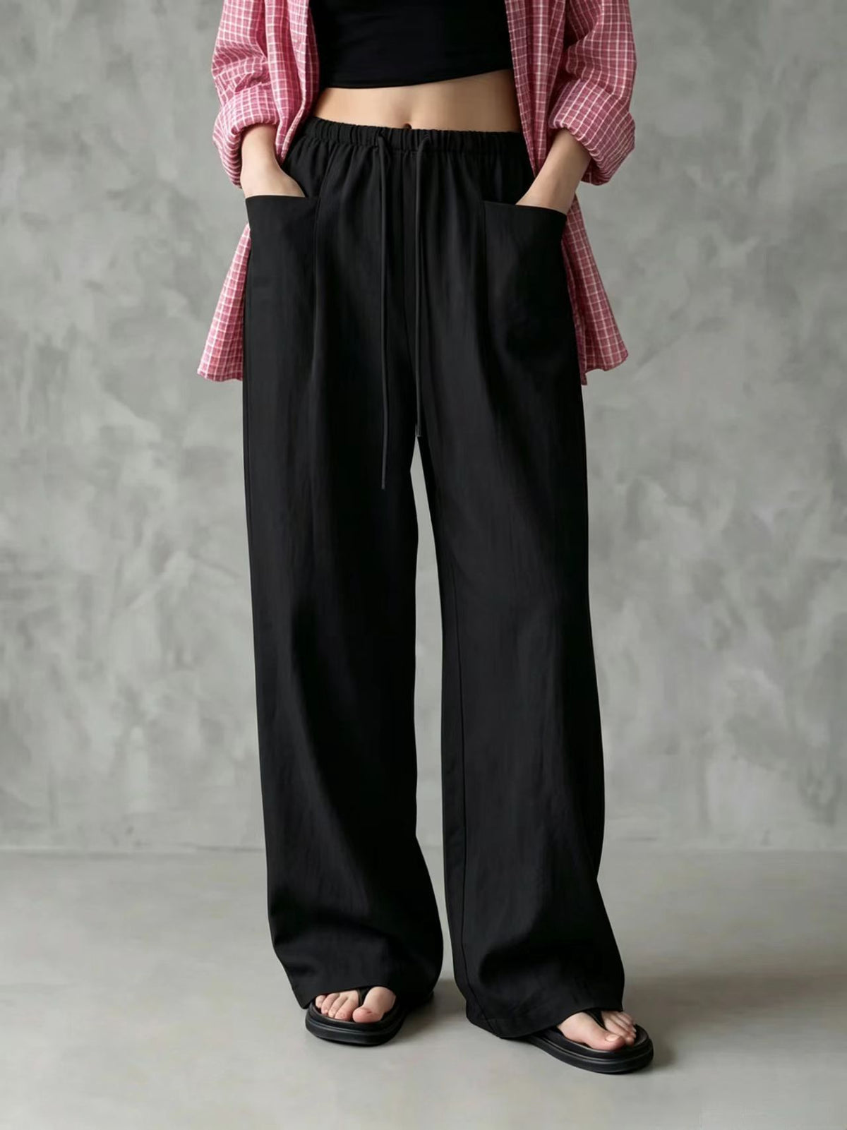 Elastic Drawstring Waist Linen Blend Wide‑Leg Pants