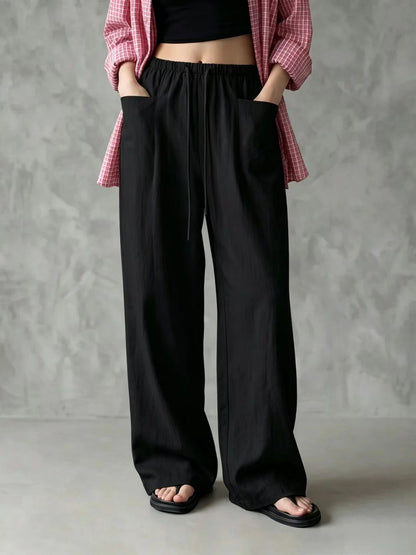 Elastic Drawstring Waist Linen Blend Wide‑Leg Pants