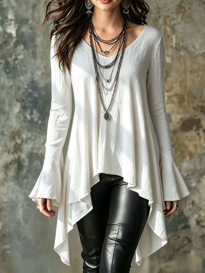 V-Neck Flare Long Sleeve Irregular Hem Tunic Top