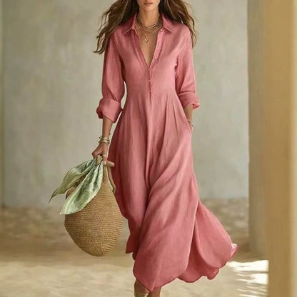Linen-Blend Shirt Dress – Flowing Maxi Button-Front Dress