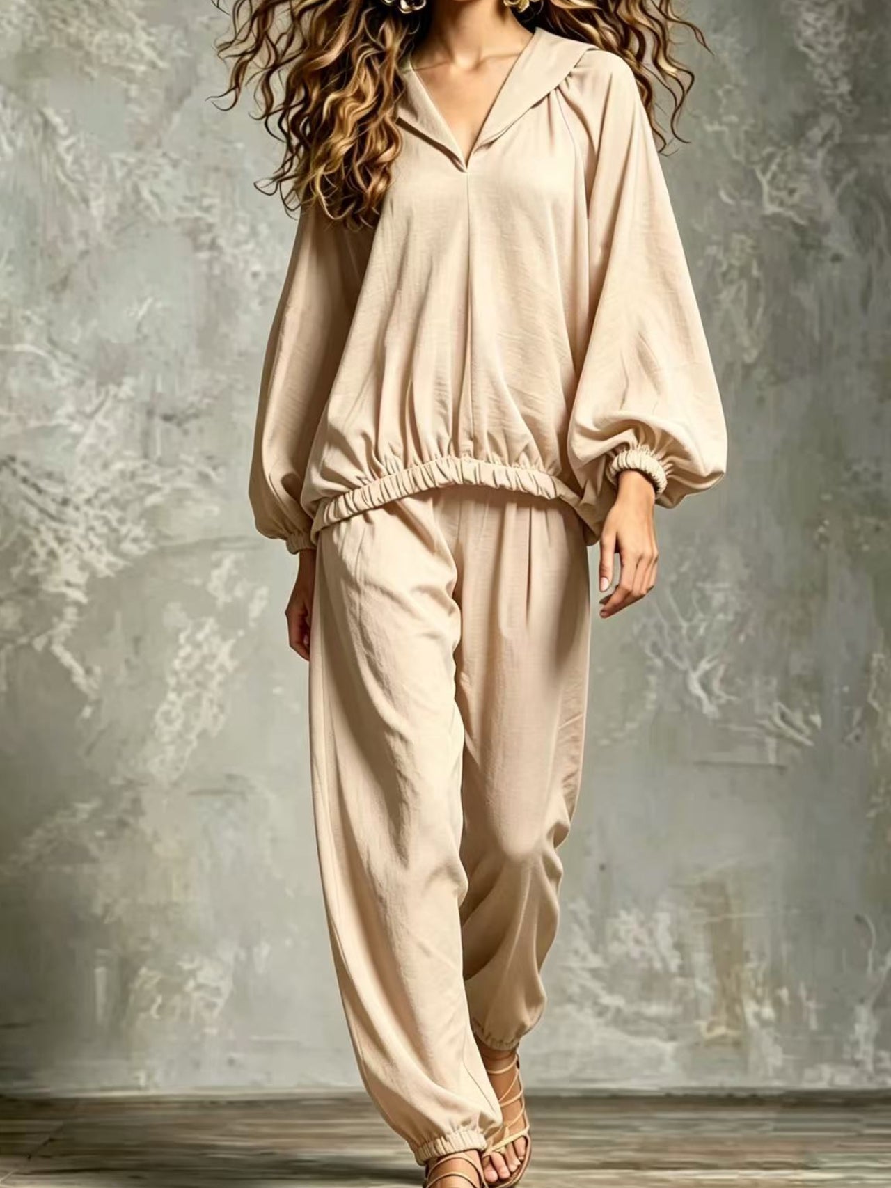 Hood V Neck Linen Blend Matching Two Piece Set